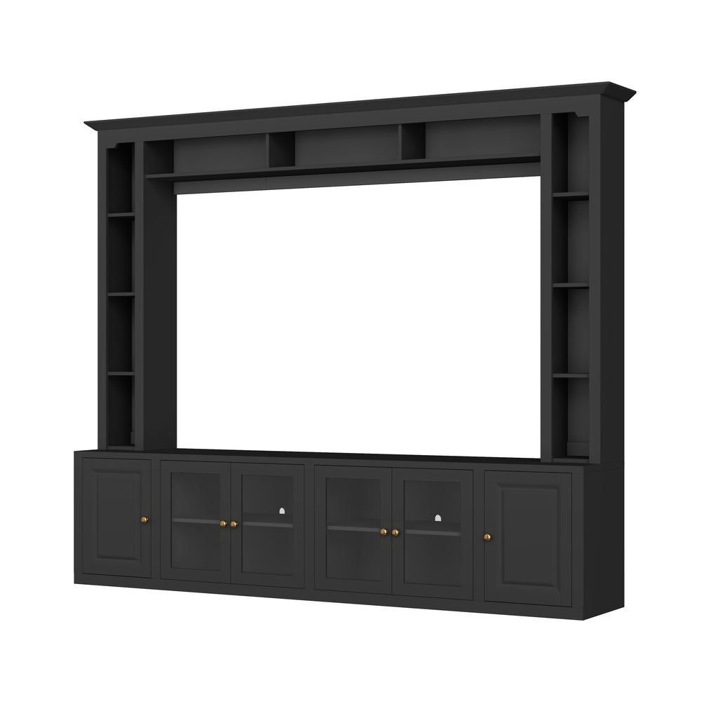 Anthony & Home Signature Black 92-Inch Tempered Glass Center Wall Unit showing sleek black finish and spacious shelving design.