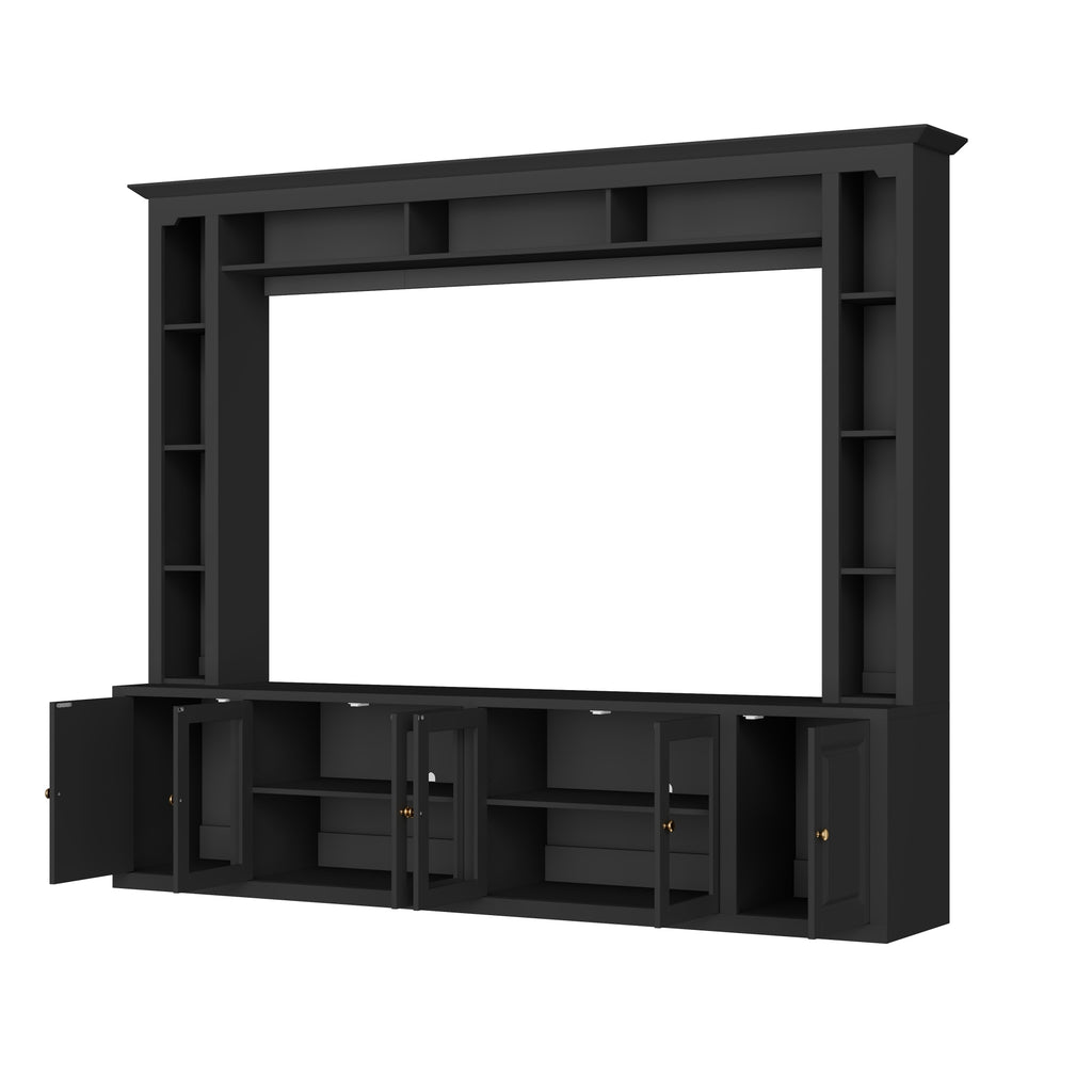 Anthony & Home Signature Black 92-inch tempered glass wall unit with sleek central design and modern black finish.