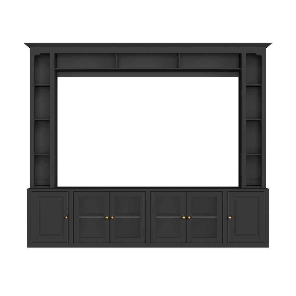 Signature Black 92-inch tempered glass center wall unit by Anthony & Home, featuring sleek black finish and modern design.