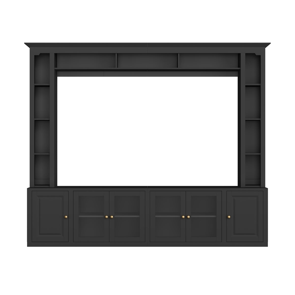 Signature Black 92-inch tempered glass center wall unit by Anthony & Home, featuring sleek black finish and modern design.
