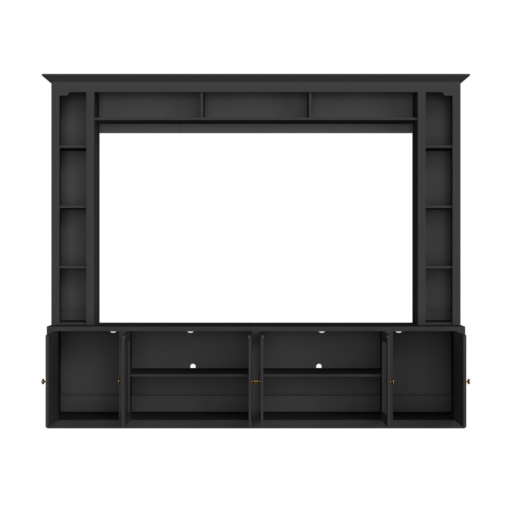 Anthony & Home Signature Black 92-Inch tempered glass wall unit with central shelving and sleek modern design.