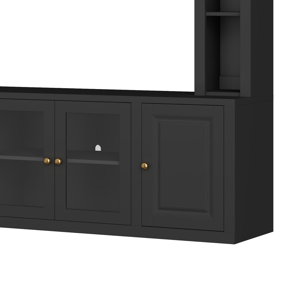Anthony & Home Signature Black 92-Inch tempered glass center wall unit with sleek black finish and modern design.