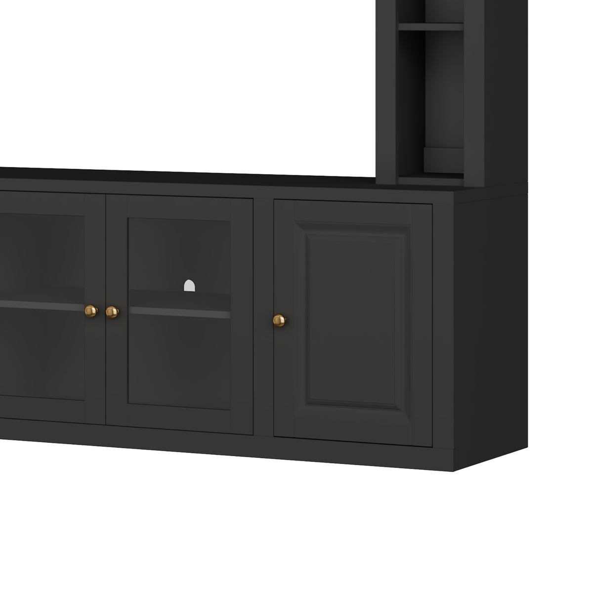 Anthony & Home Signature Black 92-Inch tempered glass center wall unit with sleek black finish and modern design.