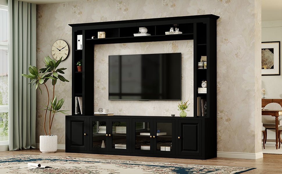 Anthony & Home Signature Black 92-Inch tempered glass wall unit with central shelves and modern design for living room decor.