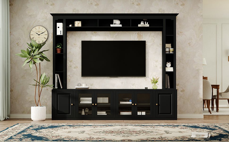 Anthony & Home Signature Black 92-Inch tempered glass center wall unit with sleek black finish and modern design.