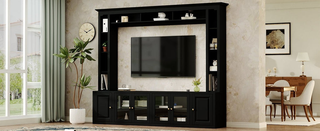 Anthony & Home Signature Black 92-Inch Tempered Glass Center Wall Unit with sleek black finish and spacious display shelves.