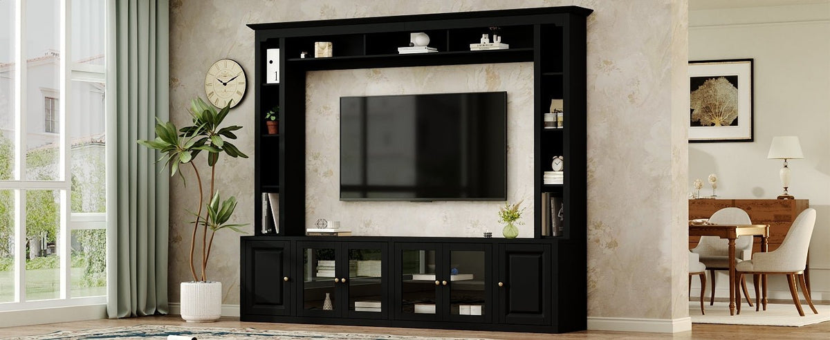 Anthony & Home Signature Black 92-Inch Tempered Glass Center Wall Unit with sleek black finish and spacious display shelves.