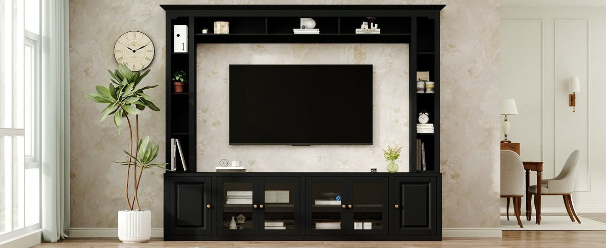 Anthony & Home Signature Black 92-Inch tempered glass center wall unit with sleek black finish and modern design.