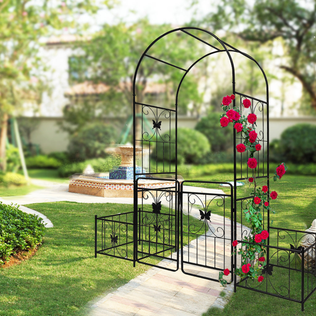 Black powder coated metal garden arch with gate, 80 inches wide by 86 inches high, rose arbor by Anthony & Home.