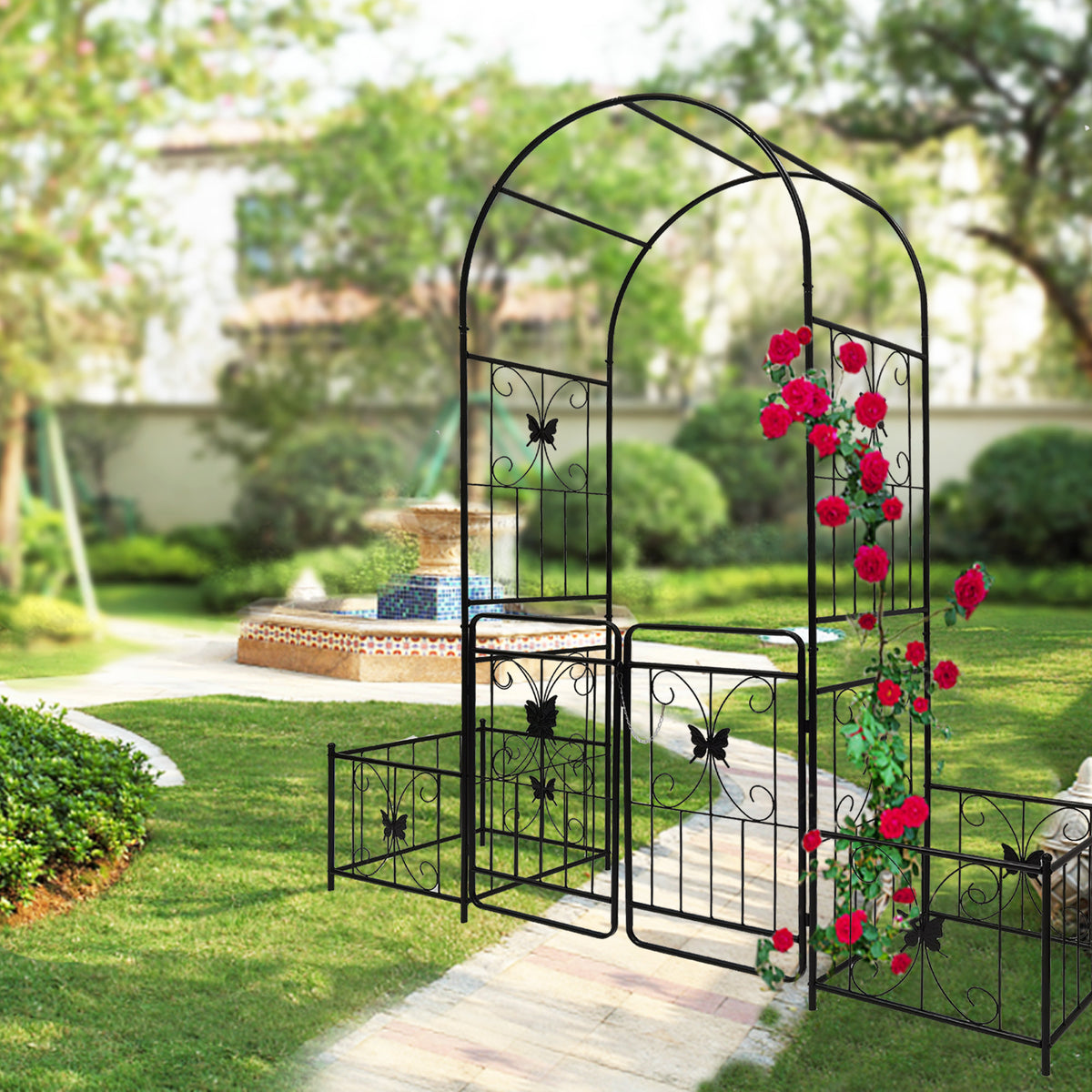 Black powder coated metal garden arch with gate, 80 inches wide by 86 inches high, rose arbor by Anthony & Home.