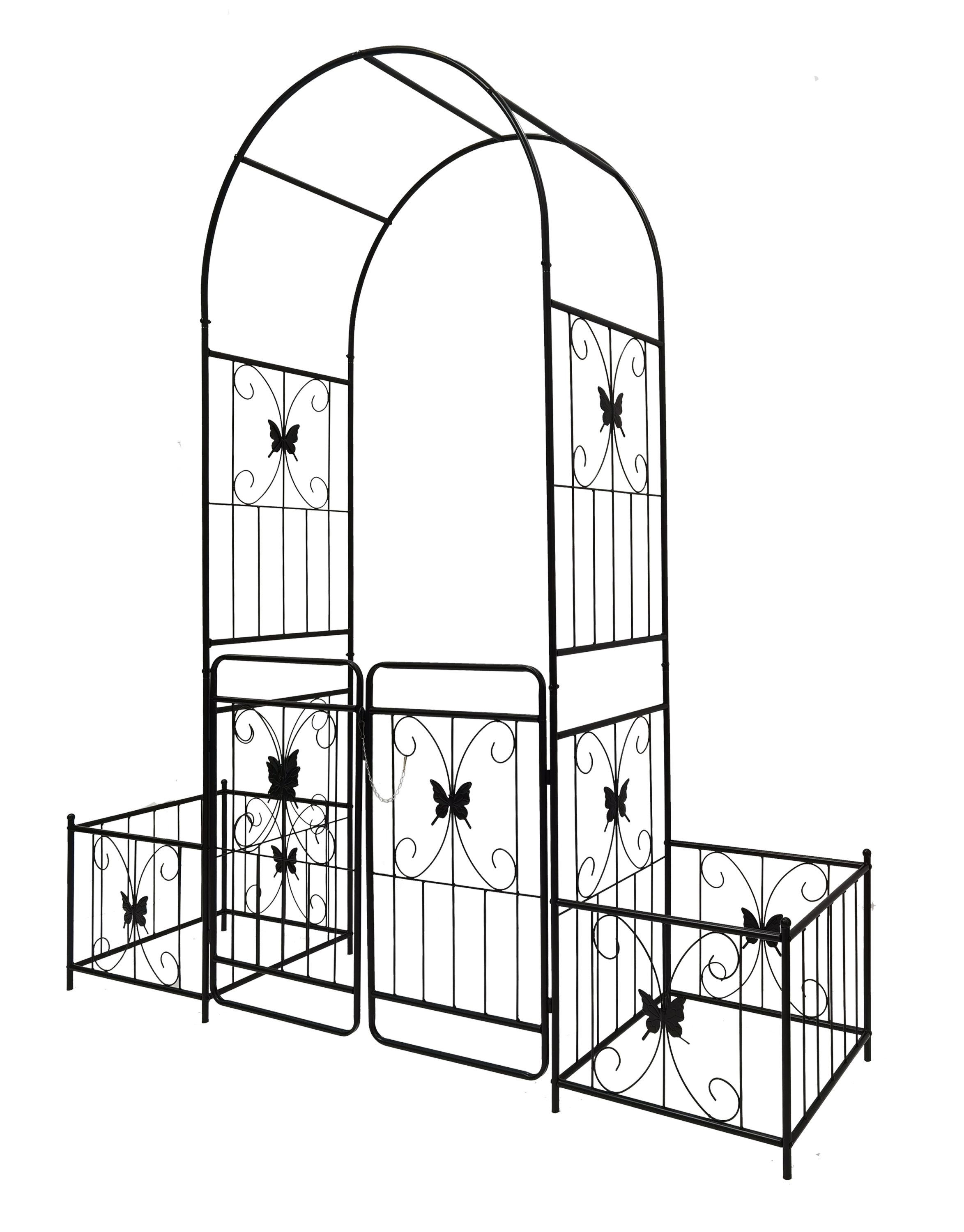 Black powder-coated metal garden arch with gate, 80x86 inches, rose arbor design, by Anthony & Home.