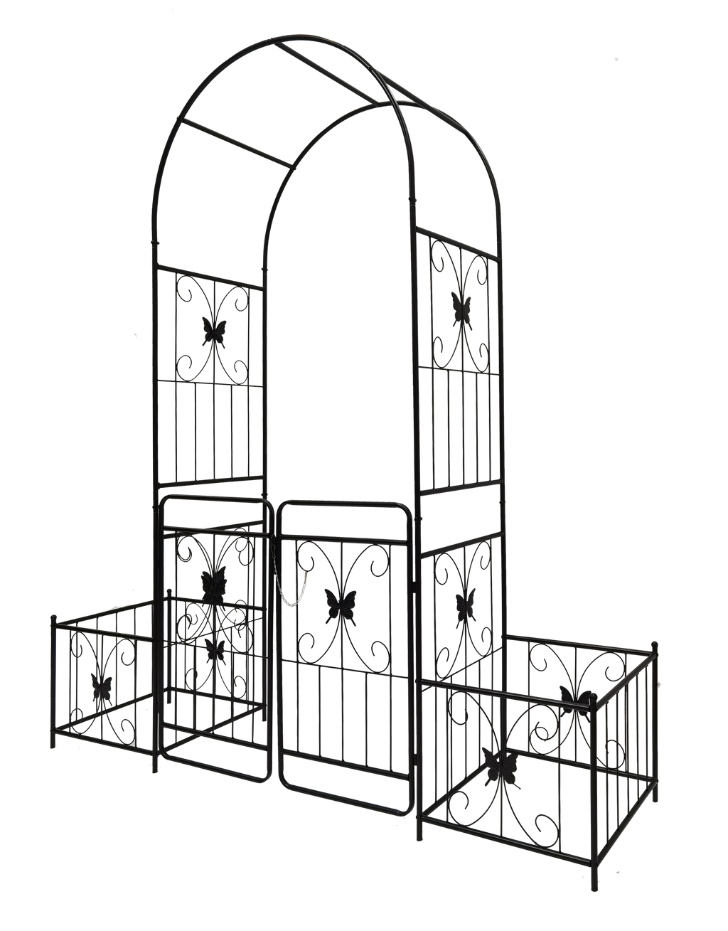 Black powder-coated metal garden arch with gate, 80-inch wide by 86-inch high rose arbor for outdoor decoration.