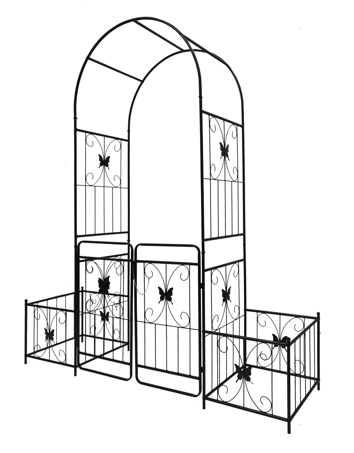 Black powder-coated metal garden arch with gate, 80-inch wide by 86-inch high rose arbor for outdoor decoration.