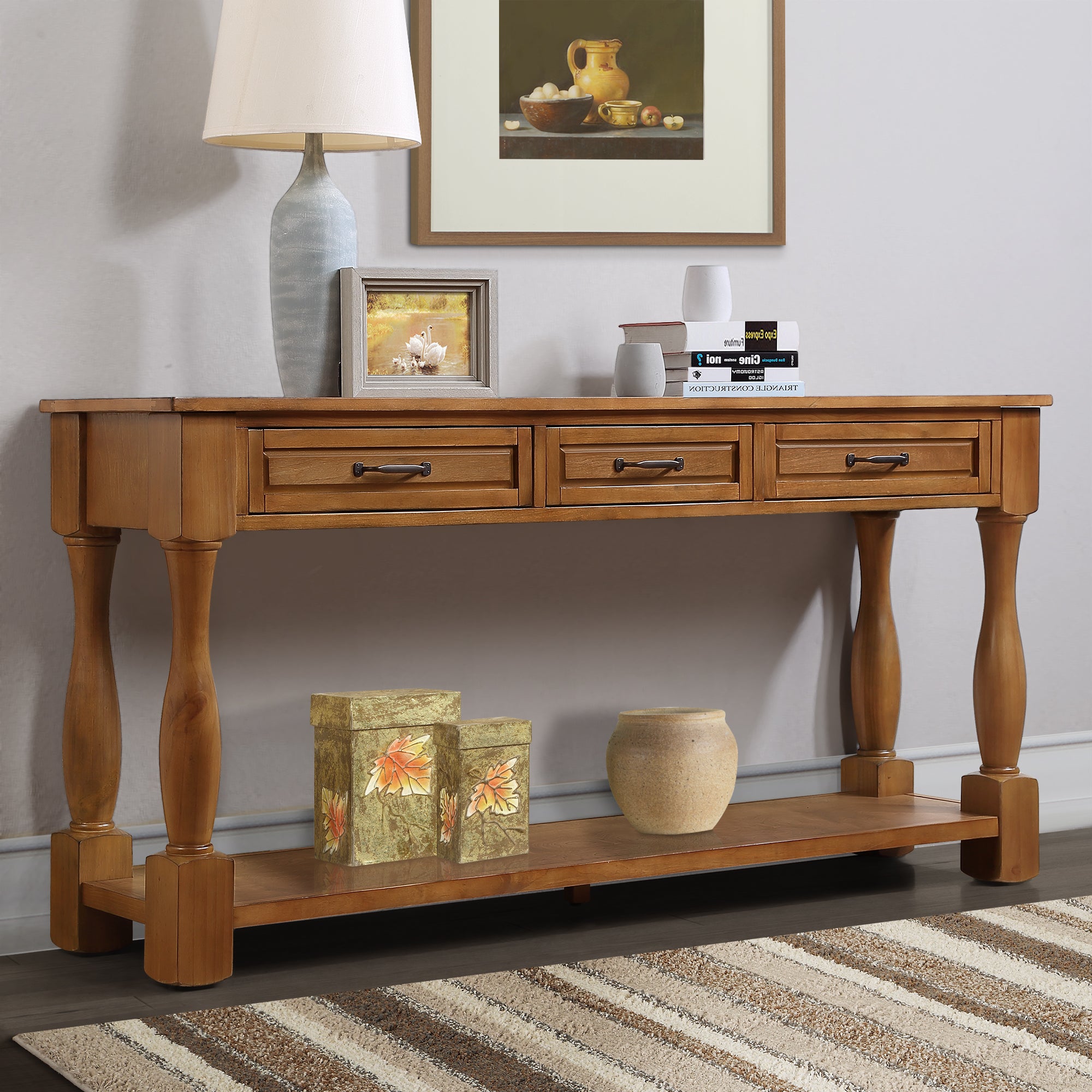 Anthony & Home Signature Brown 63-inch console table with three drawers, showcasing a sleek wooden design and functional storage.