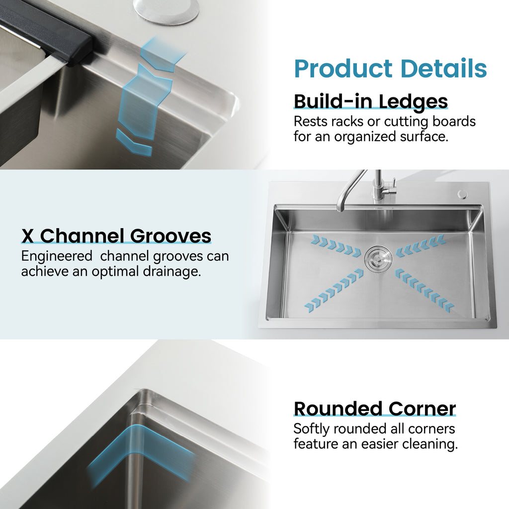 Anthony & Home brushed stainless steel kitchen sink with a single bowl, showcasing a sleek, modern design and durable finish.