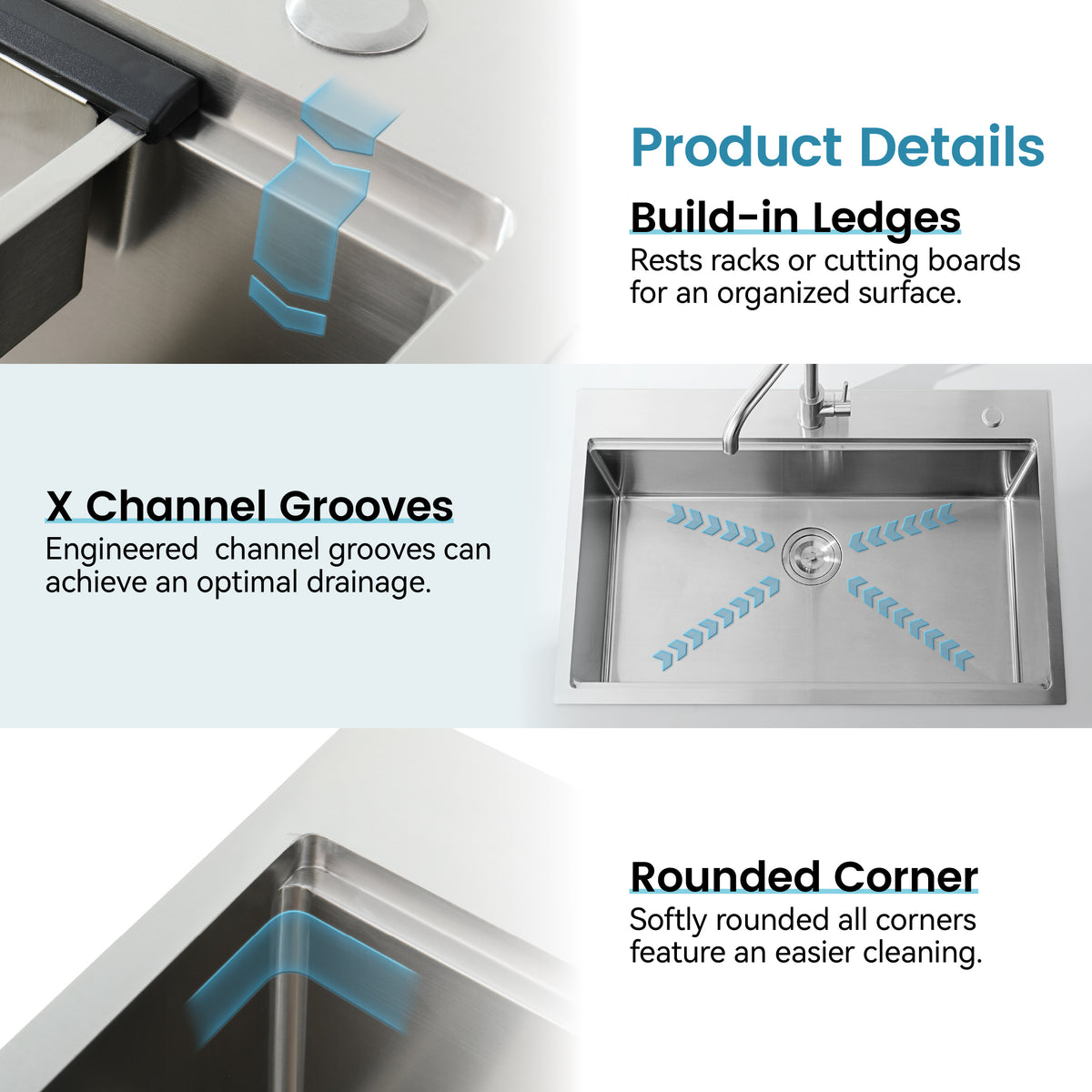 Anthony & Home brushed stainless steel kitchen sink with a single bowl, showcasing a sleek, modern design and durable finish.