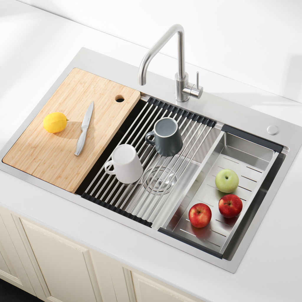 Anthony & Home brushed stainless steel kitchen sink with single bowl, showcasing its durable, modern design and smooth finish.
