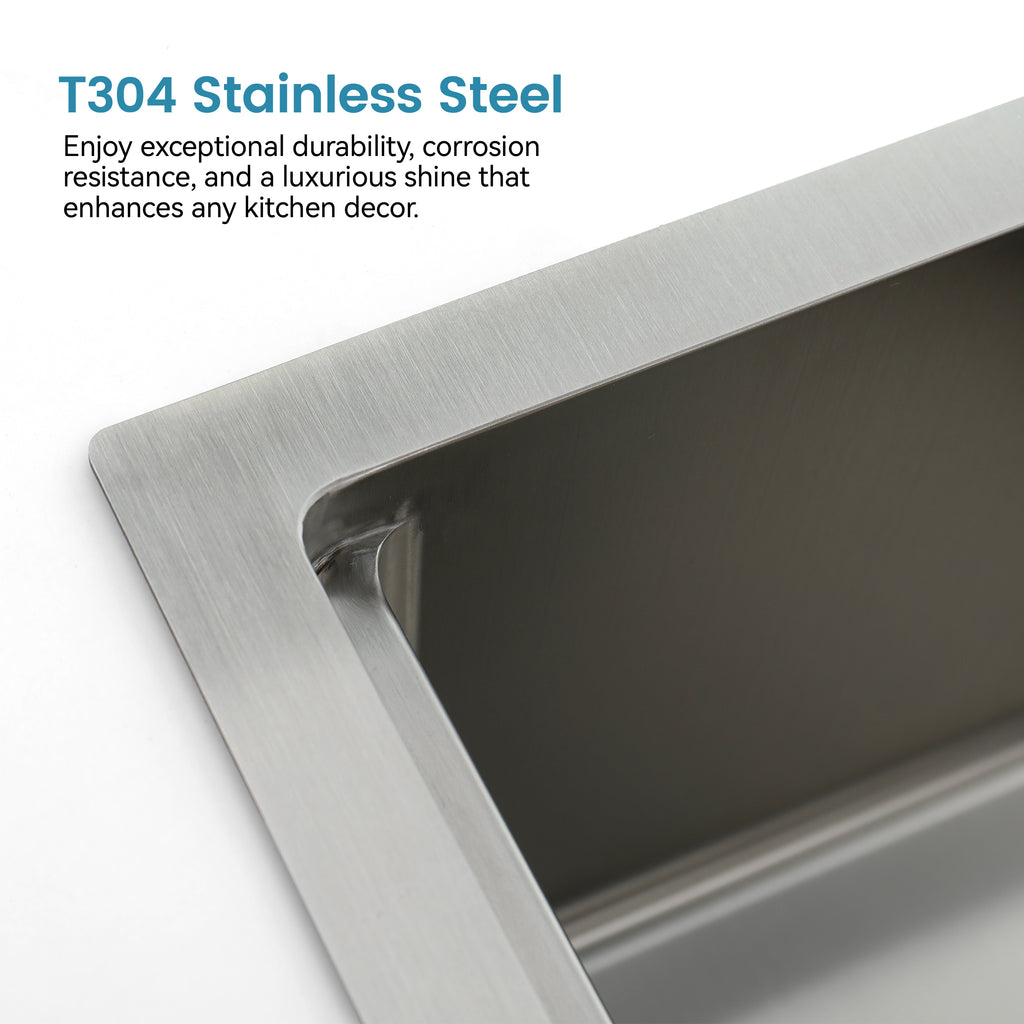Brushed stainless steel Anthony & Home signature kitchen sink with a single bowl, showcasing its sleek, modern design and durable finish.