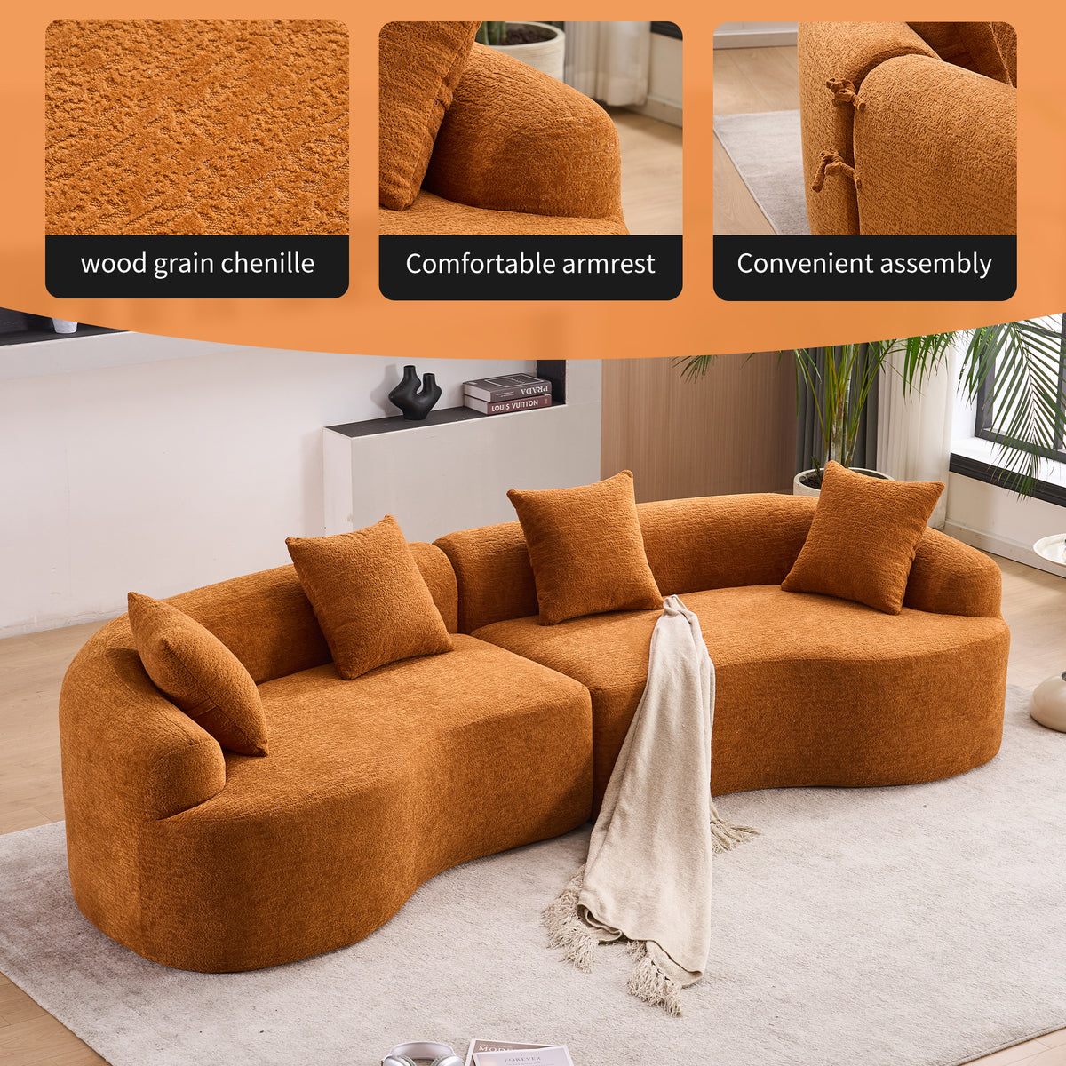 Orange Anthony & Home Signature Chenille Modular Sectional Sofa with plush cushions and modern design.