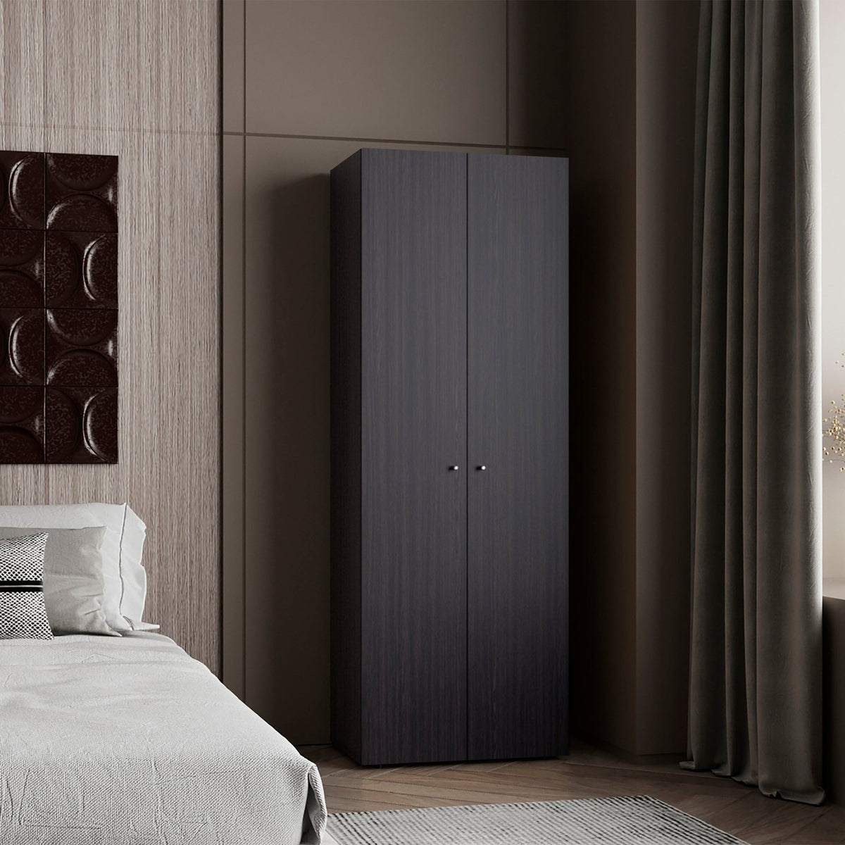 Black engineered wood two-door closet from Anthony & Home Signature Collection, showcasing sleek design and sturdy construction.