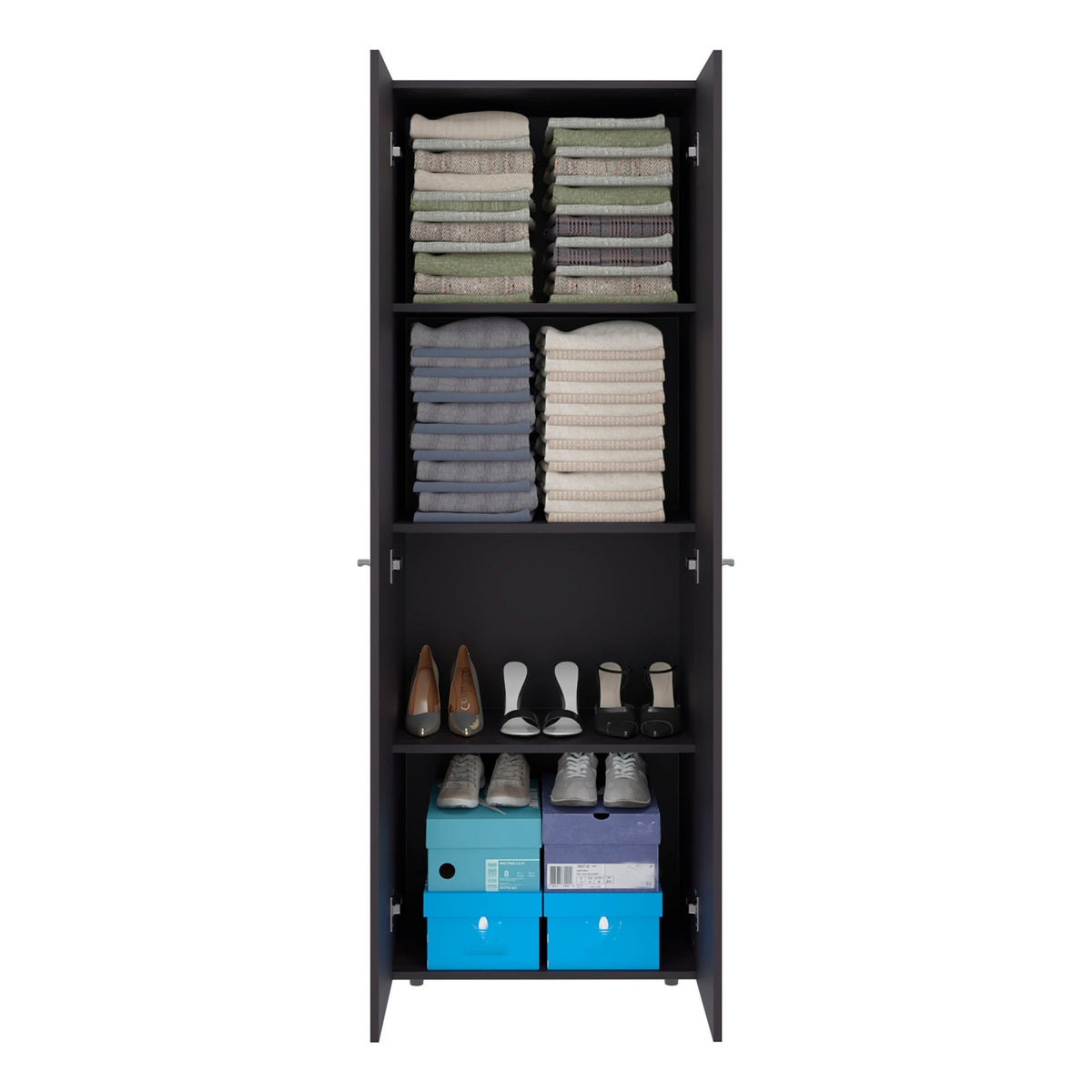Black engineered wood two-door closet from Anthony & Home Signature Collection, showcasing sleek design and sturdy construction.