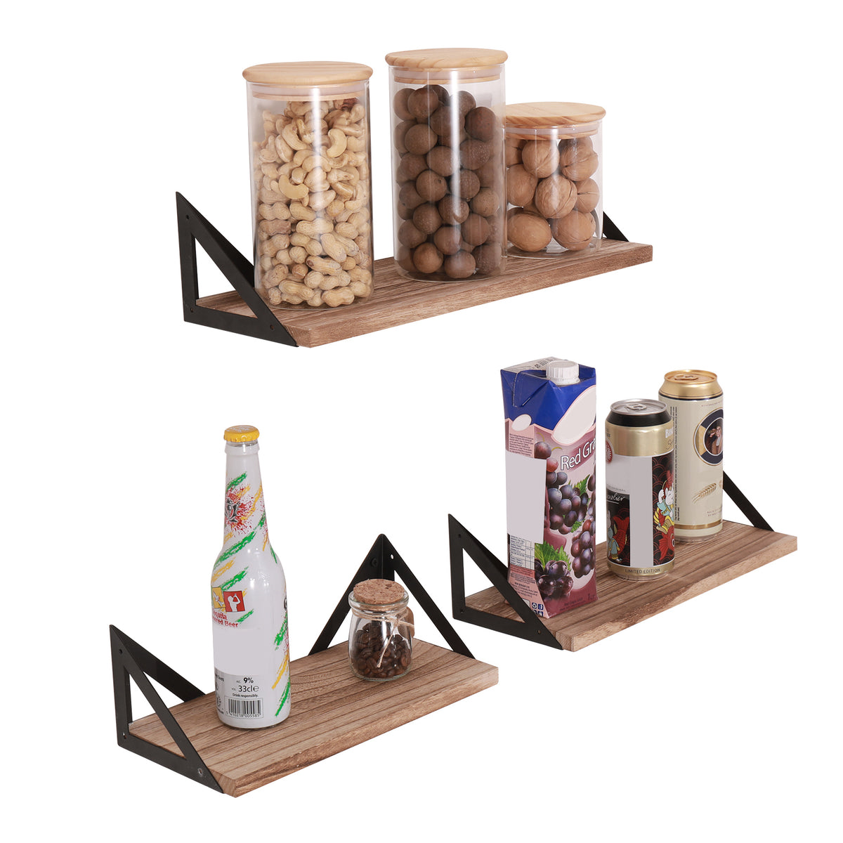 Set of three Anthony & Home natural wood floating shelves for wall display and organization, showcasing modern wall decor.
