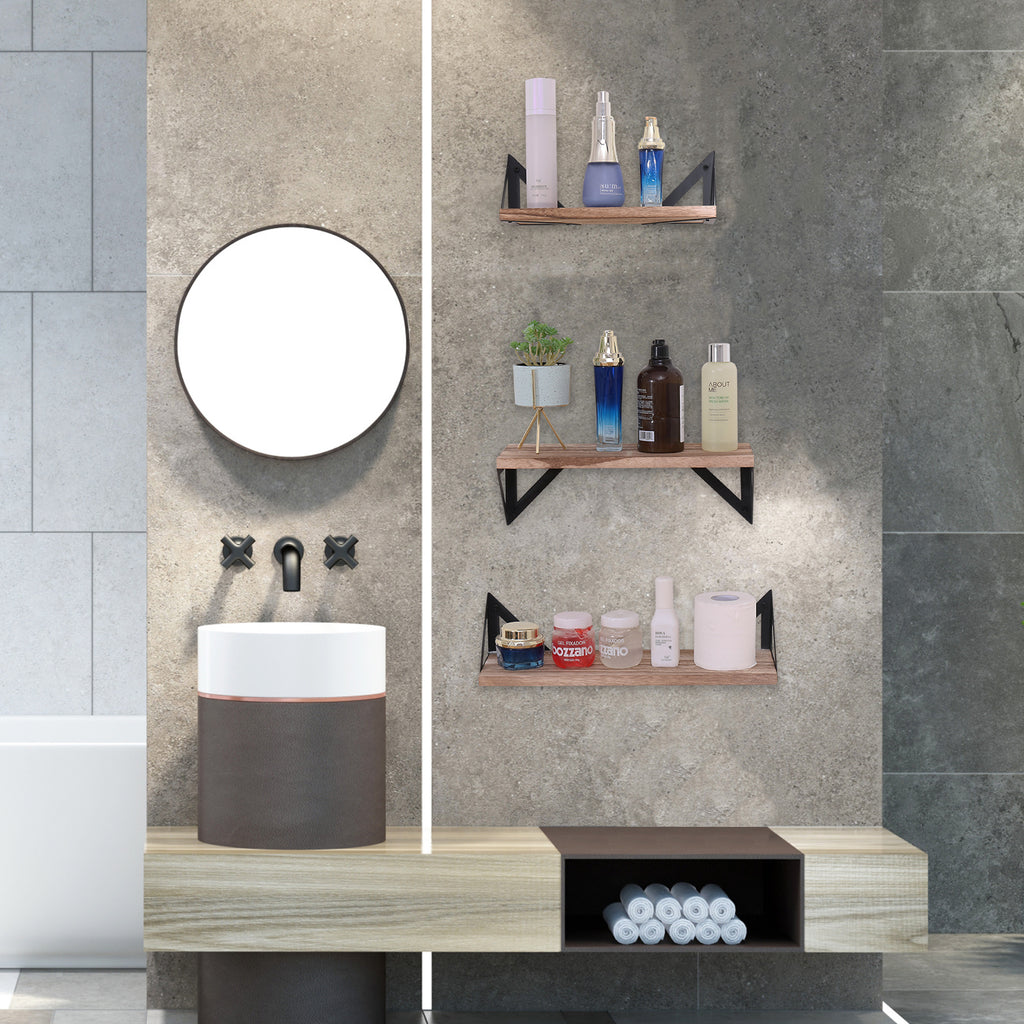 Set of three Anthony & Home natural wood floating shelves for wall display and organization, showcasing sleek, modern storage solutions.