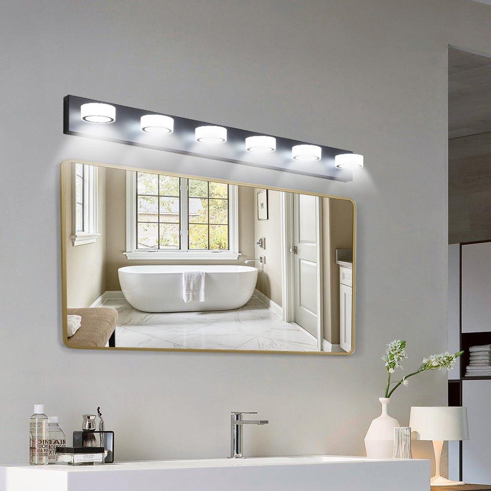 Six-light black iron LED vanity light from Anthony & Home Signature Collection, showing modern design and six illuminated bulbs.