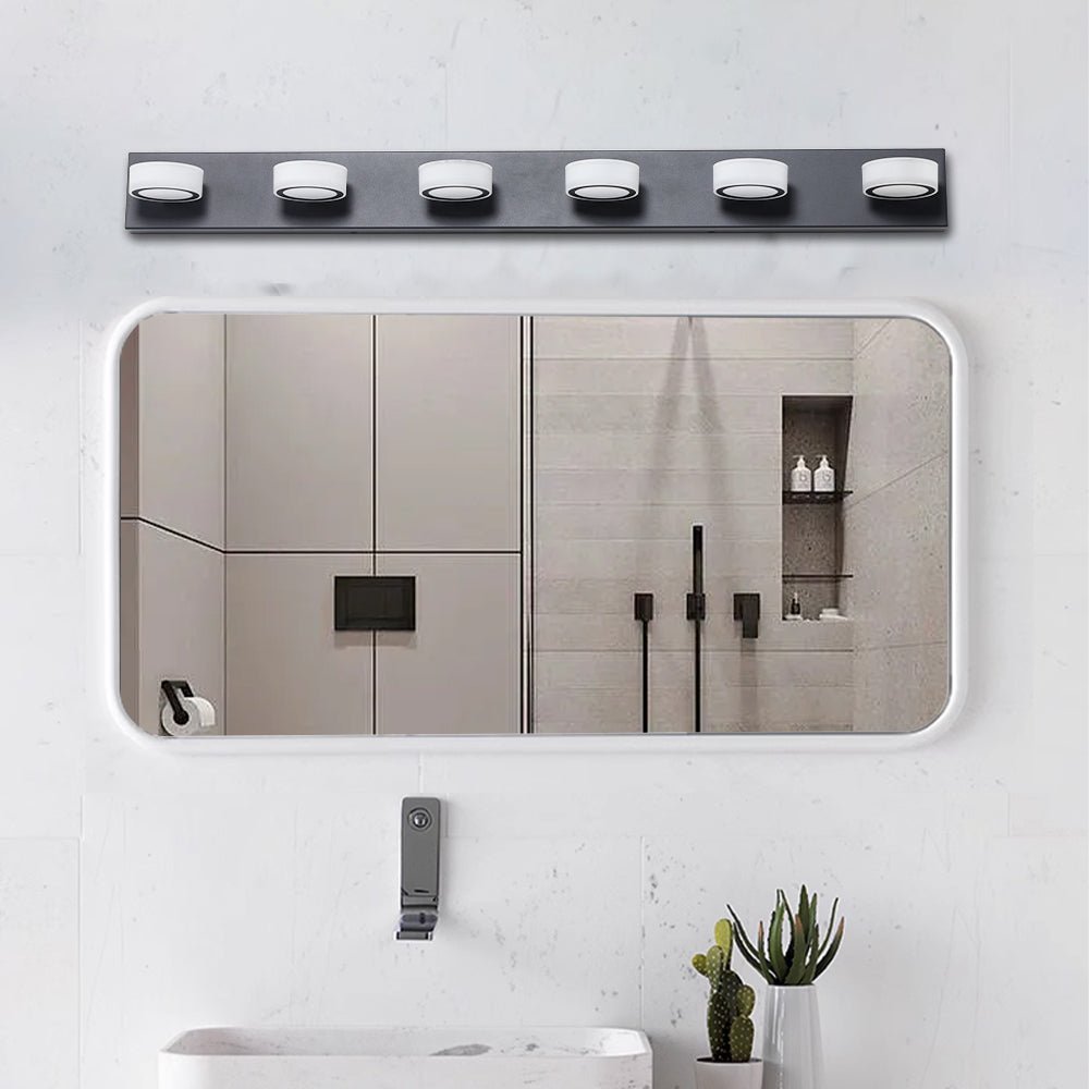 Six-light black iron LED vanity light from Anthony & Home Signature Collection with modern design and clear glass shades.