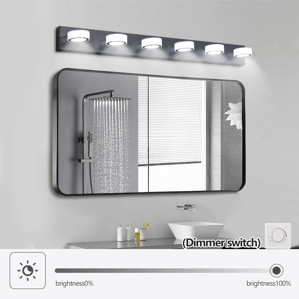 Six-light LED vanity light fixture in black iron from Anthony & Home's Signature Collection, showcasing modern design.