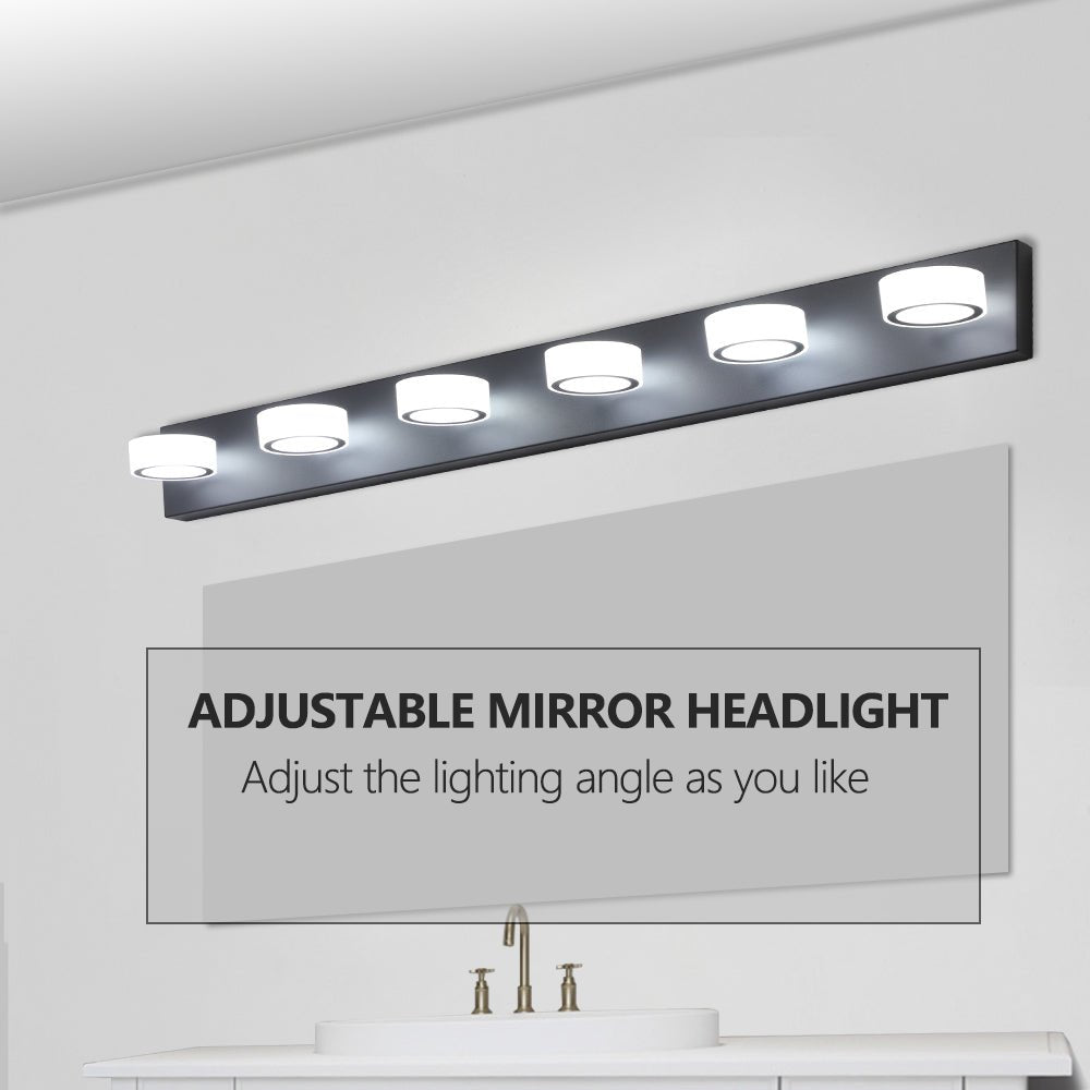 Anthony & Home Signature Collection six-light LED vanity light in black iron with modern design, ideal for bathroom or dressing area.