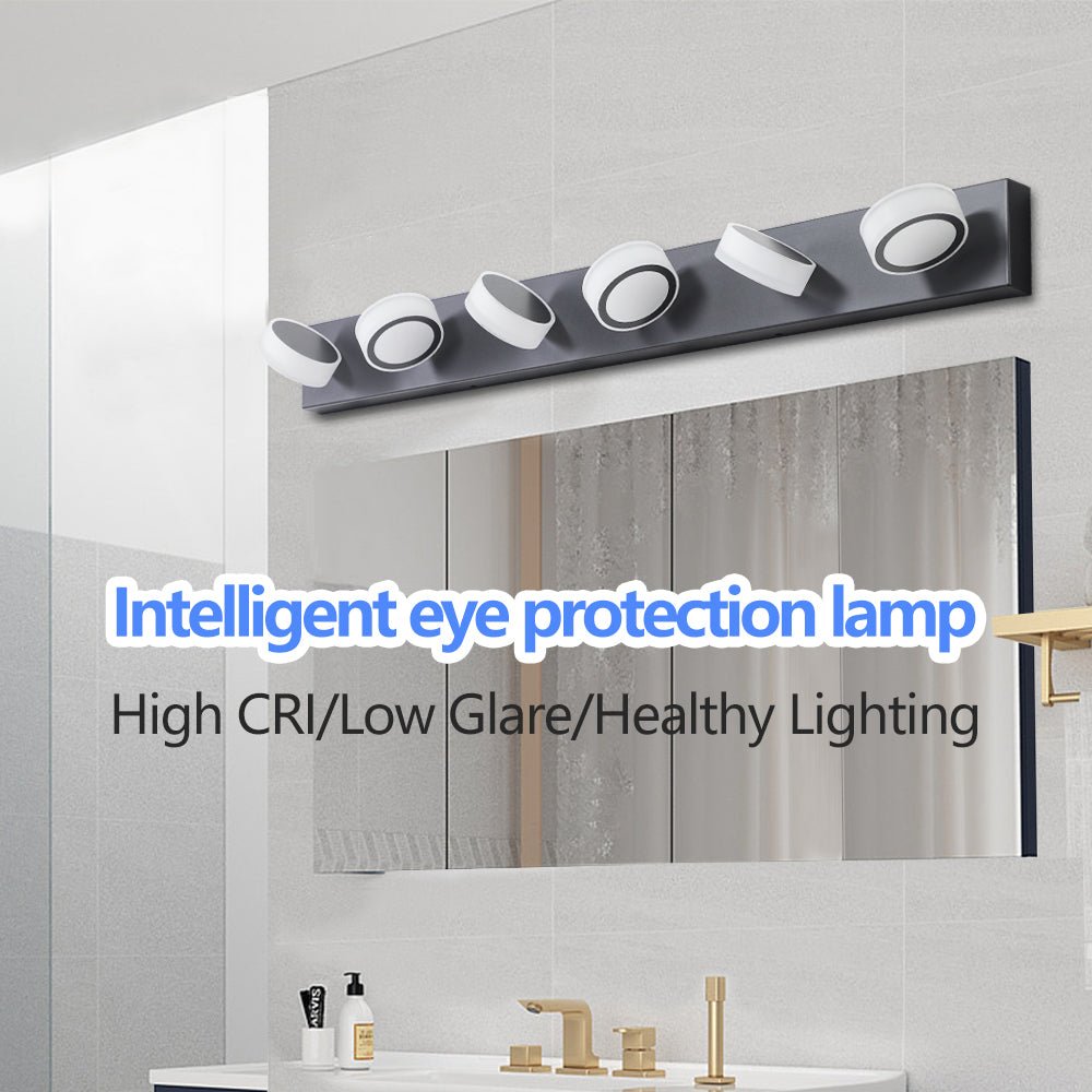 Six-light black iron LED vanity light from Anthony & Home Signature Collection, featuring modern design and sleek black finish.