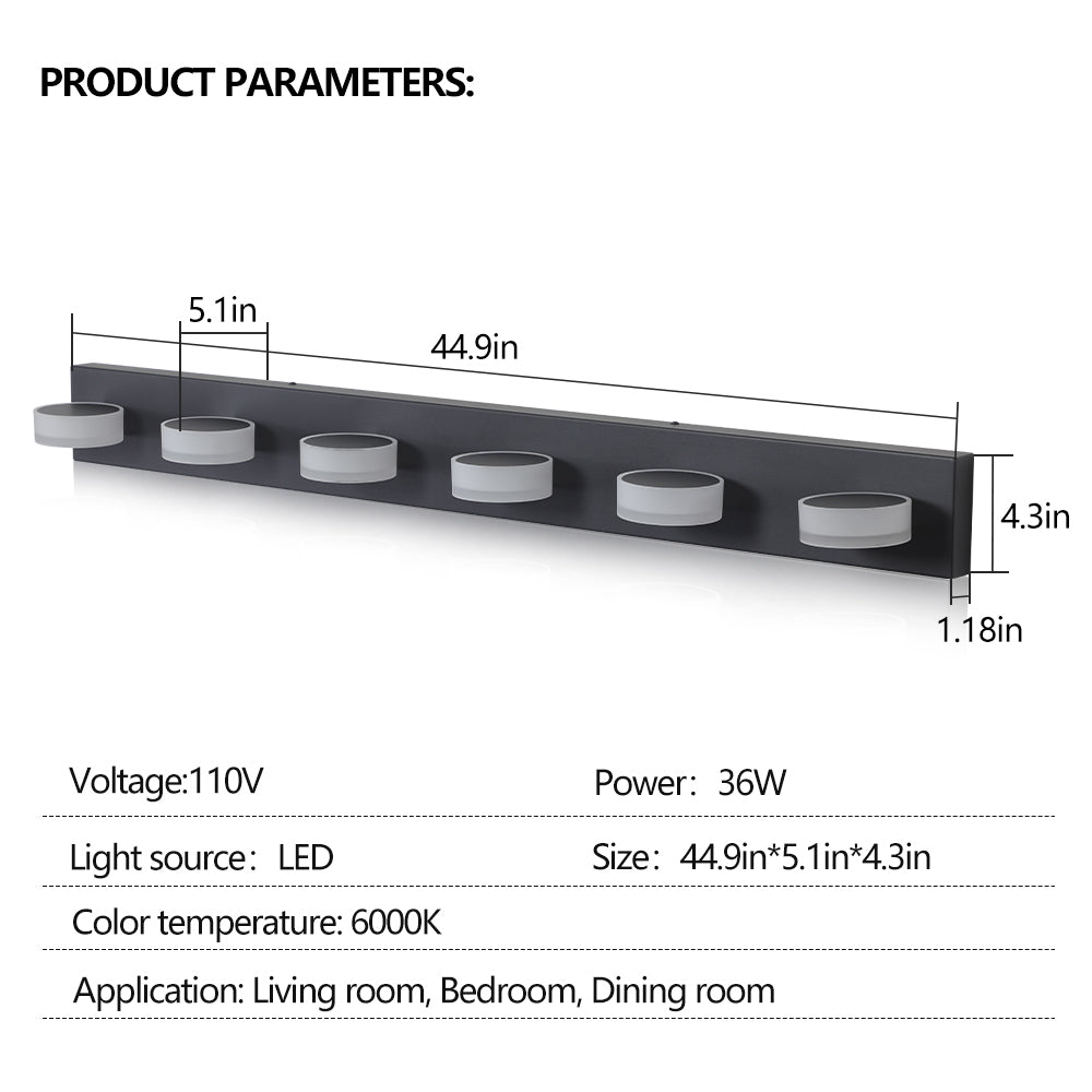 Anthony & Home Signature Collection six-light LED vanity light in black iron with modern design and clear glass shades.