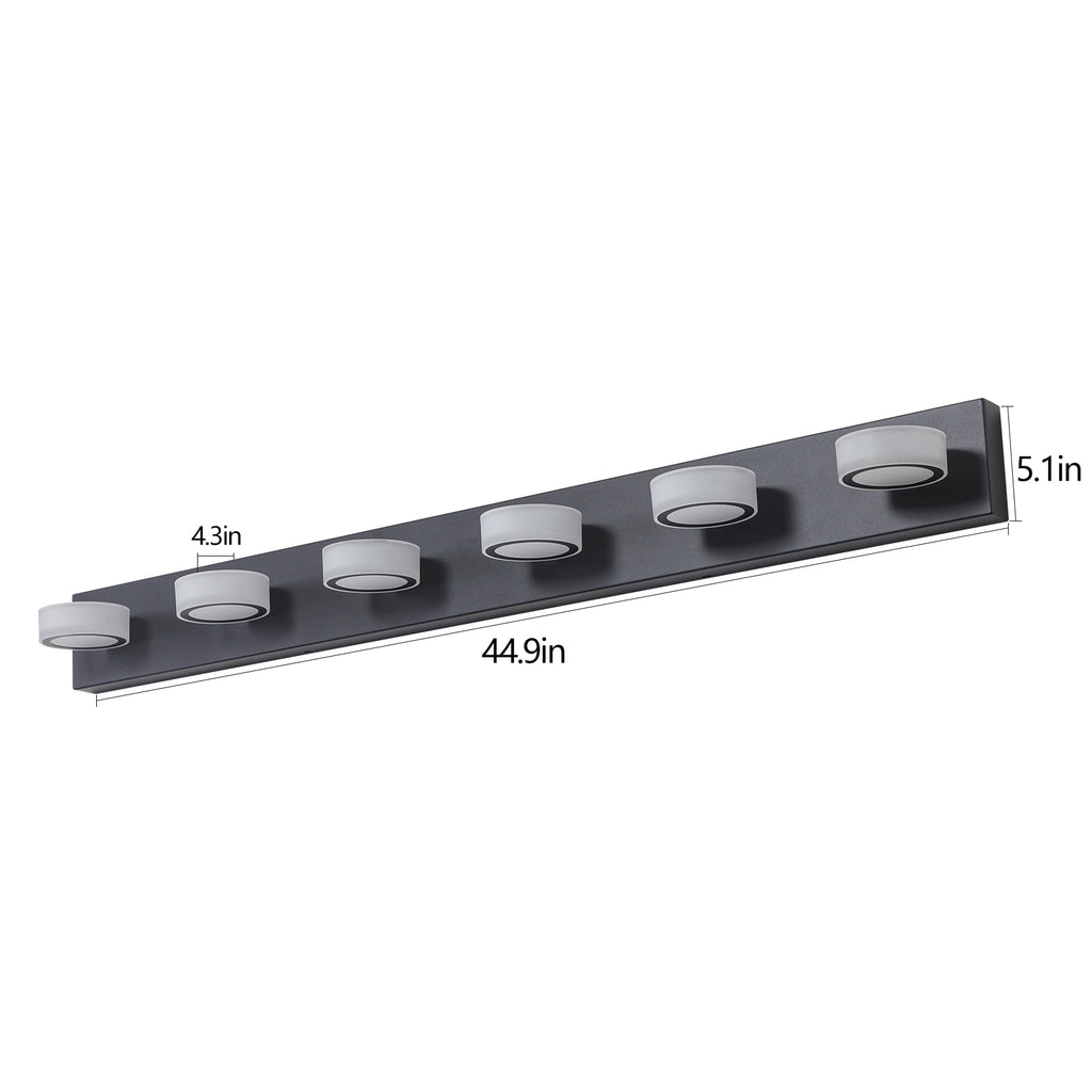 Anthony & Home Signature Collection six-light LED vanity light with black iron finish, featuring modern design and six illuminated bulbs.