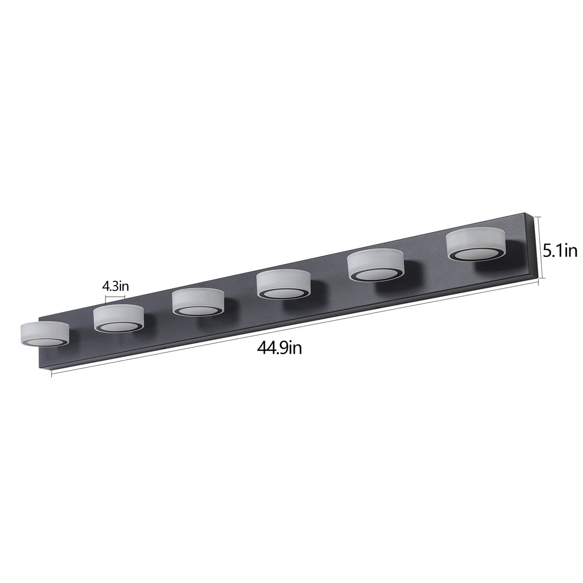Anthony & Home Signature Collection six-light LED vanity light with black iron finish, featuring modern design and six illuminated bulbs.