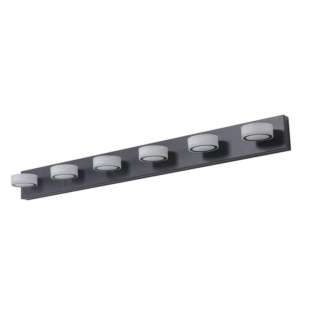 Anthony & Home Signature Collection six-light LED vanity light with black iron finish, featuring modern design and clear glass shades.