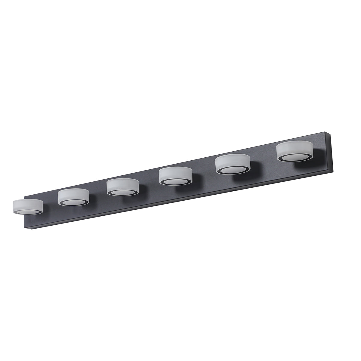 Anthony & Home Signature Collection six-light LED vanity light with black iron finish, featuring modern design and clear glass shades.