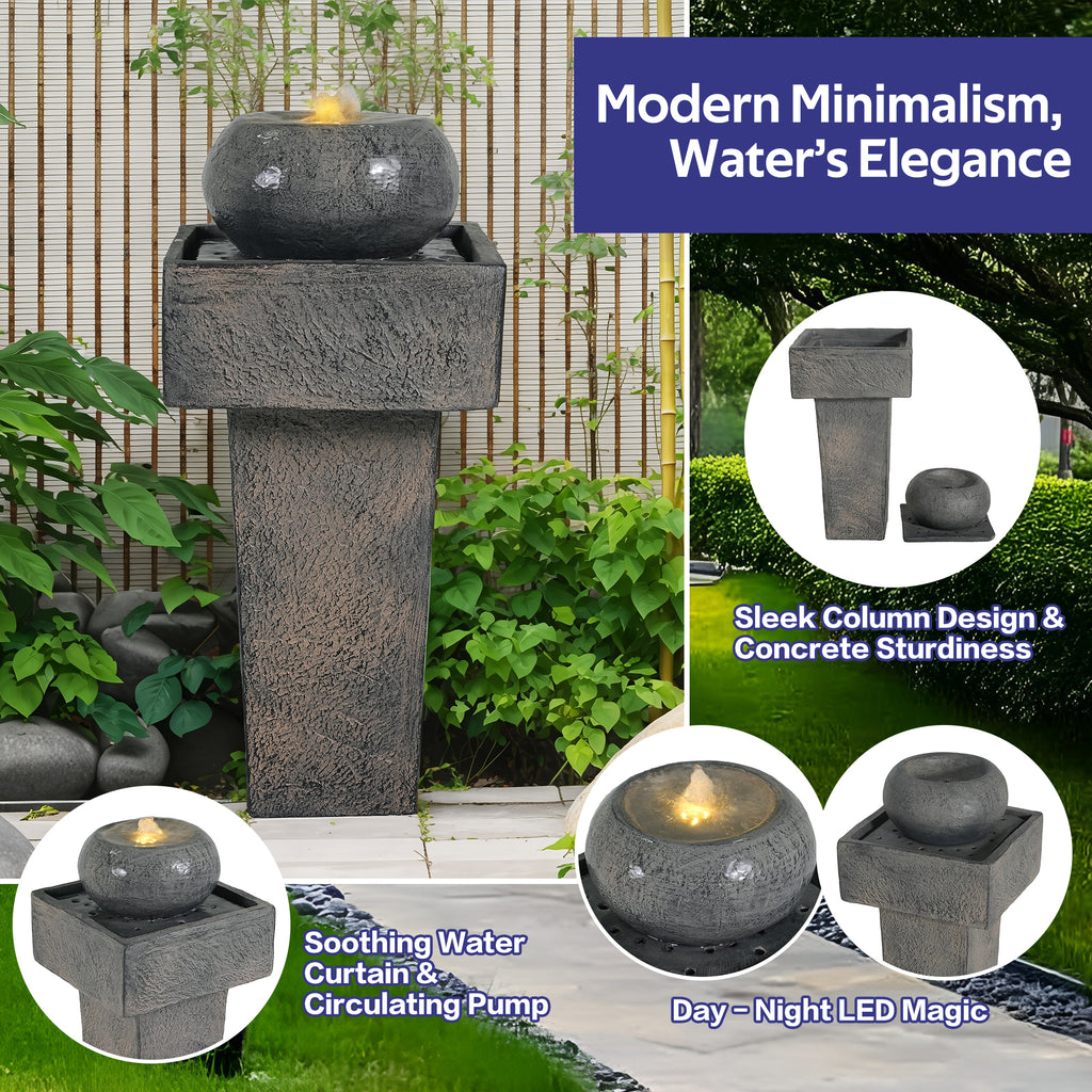 Anthony & Home Signature Concrete Column Fountain with integrated lighting, featuring a tall, elegant concrete design for outdoor decor.