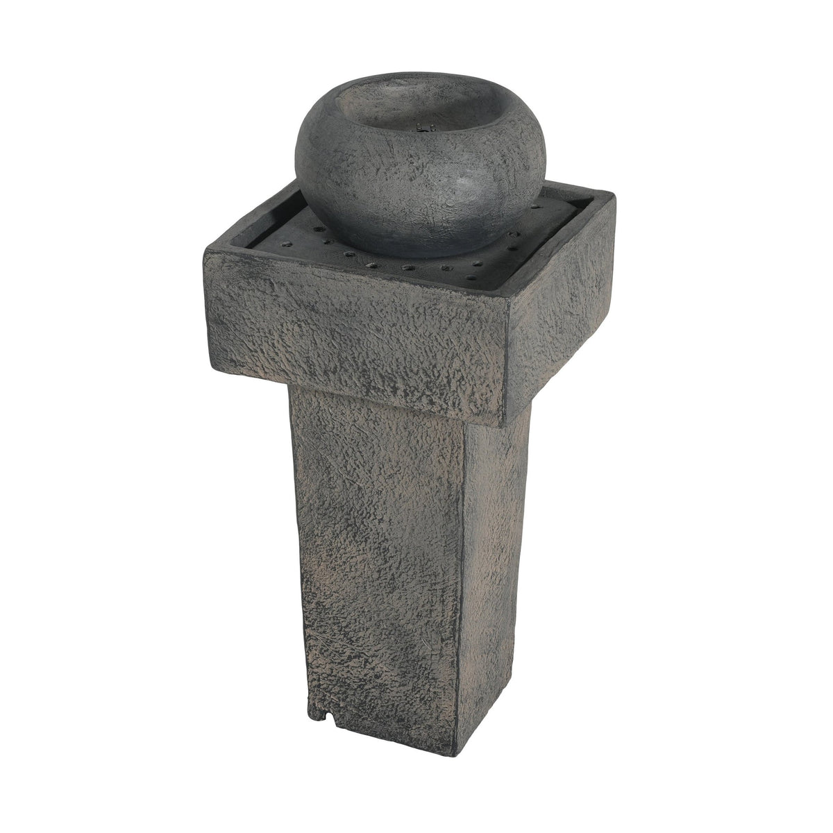 Concrete column fountain with integrated lighting, featuring the Anthony & Home Signature design, in an outdoor garden setting.
