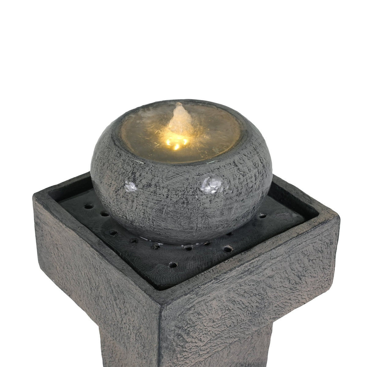 Anthony & Home Signature Concrete Column Fountain with built-in lighting, featuring a tall, textured concrete design and illuminated water feature.