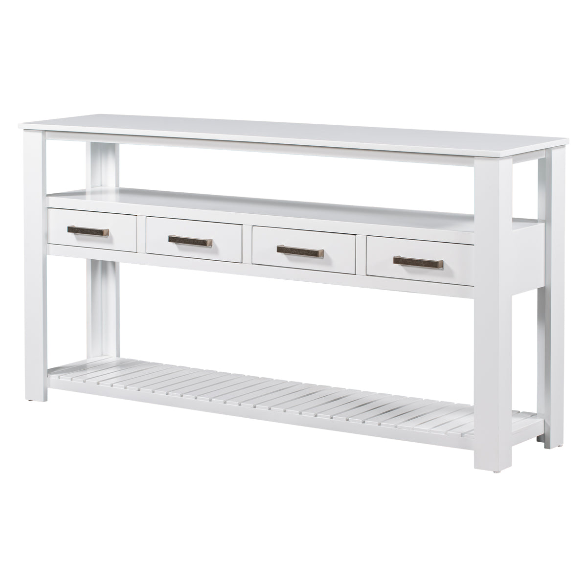 White painted Anthony & Home signature console table with sleek design and sturdy wooden construction.