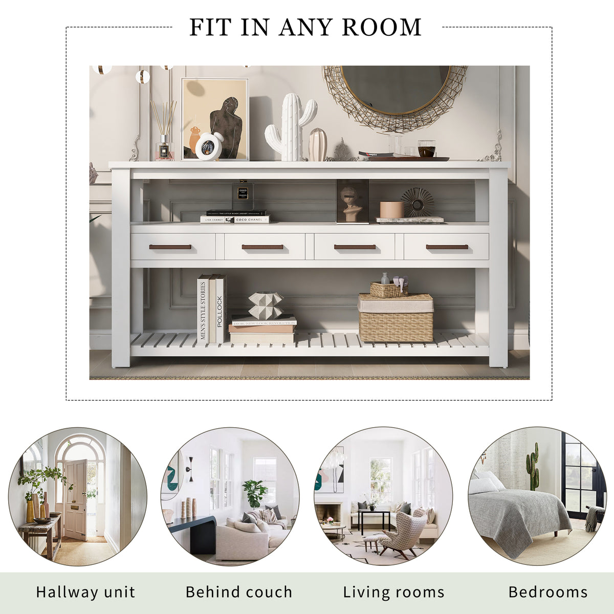 White painted Anthony & Home Signature console table with sleek design and sturdy legs, ideal for entryways or living rooms.