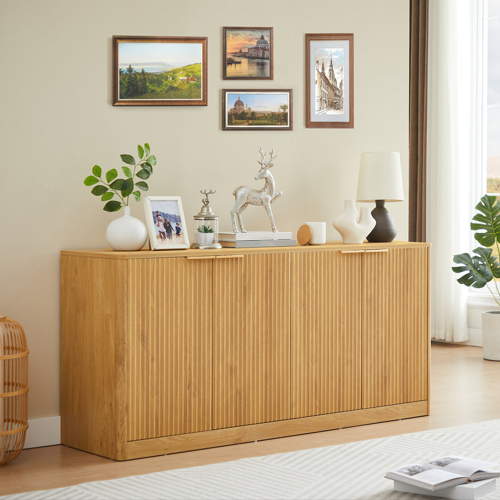 Anthony & Home Signature Curved Contour Sideboard with 4 doors, natural finish, 59-inch storage console, modern furniture piece