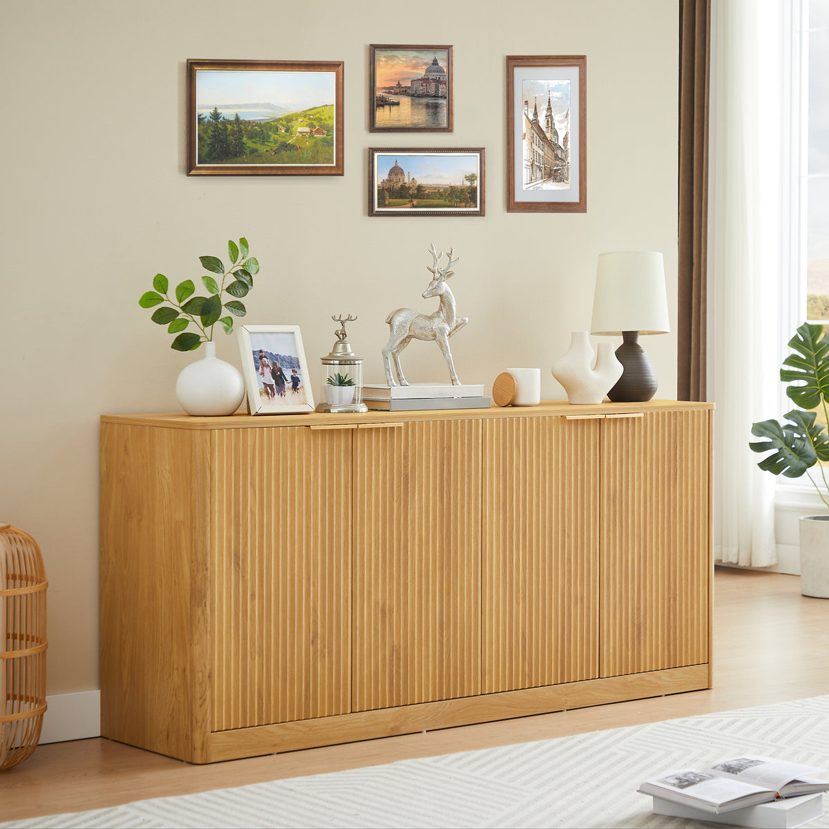 Anthony & Home Signature Curved Contour Sideboard with 4 doors, natural finish, 59-inch storage console, modern furniture piece