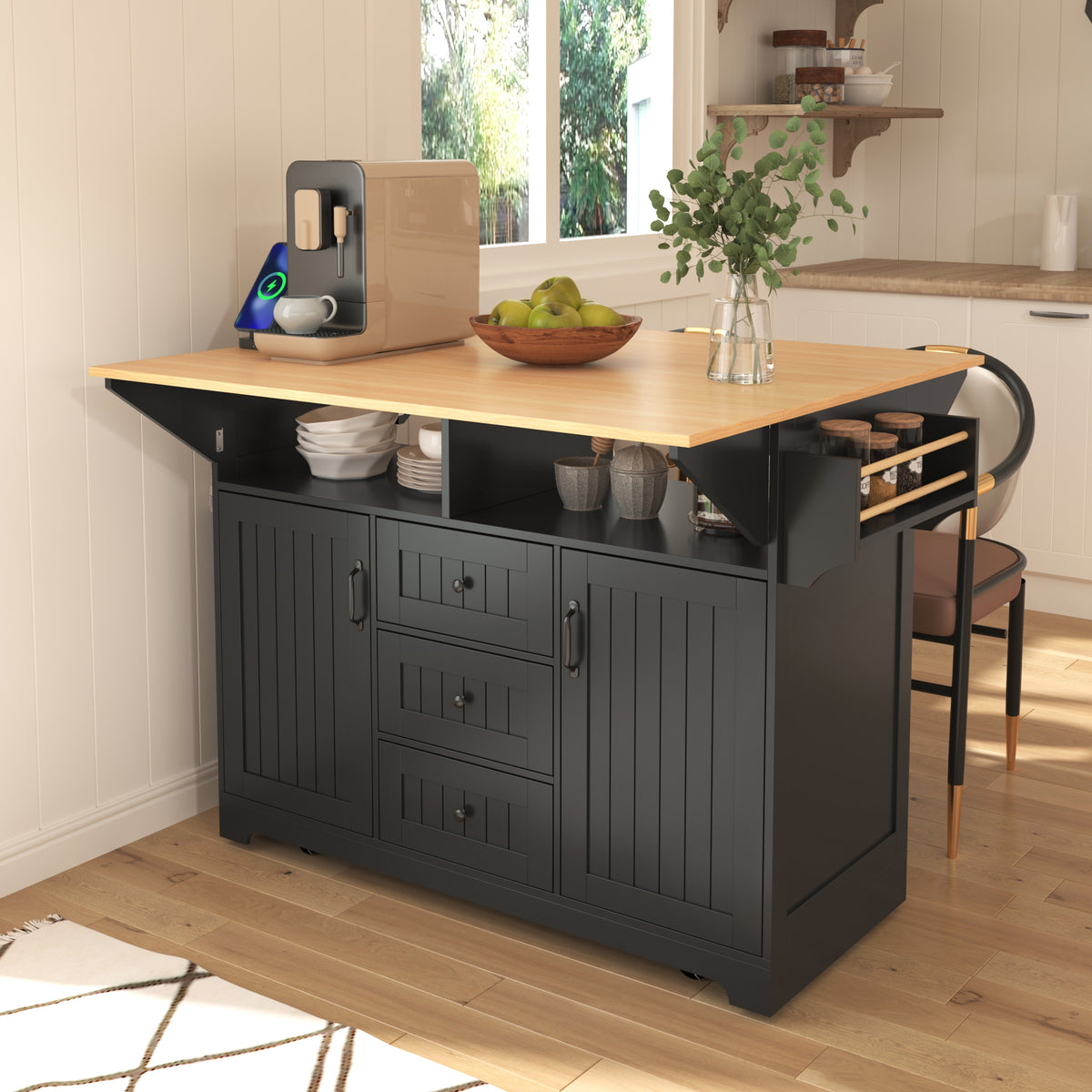 Anthony & Home Signature Edition black laminate kitchen island cart with spacious storage and modern design, viewed from the side.
