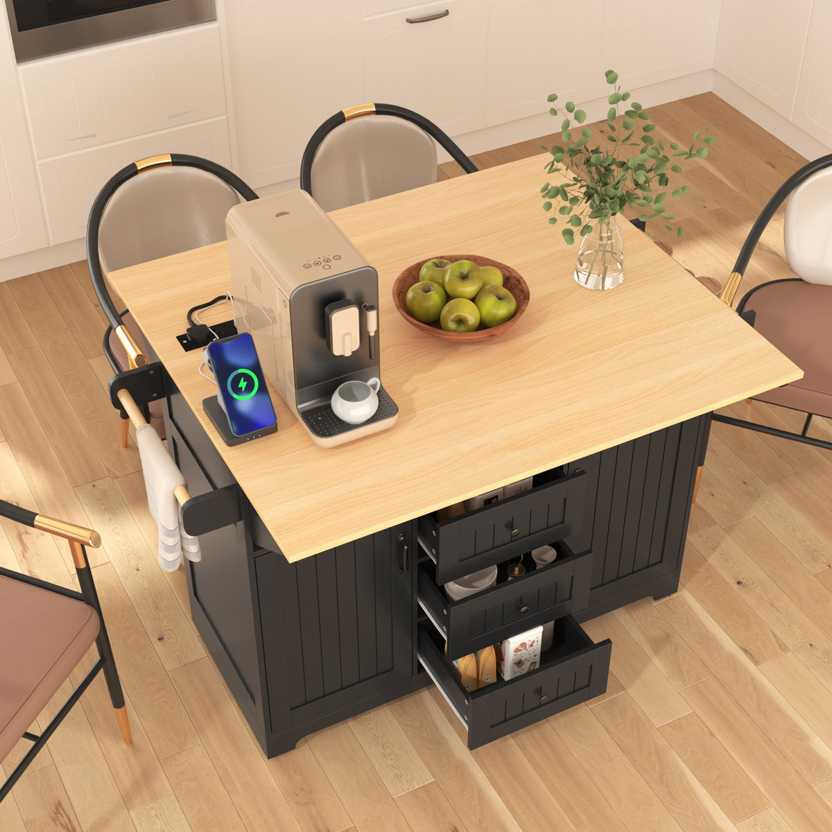 Anthony & Home Signature Edition black laminate kitchen island cart with storage and wheels, modern design for kitchen organization.