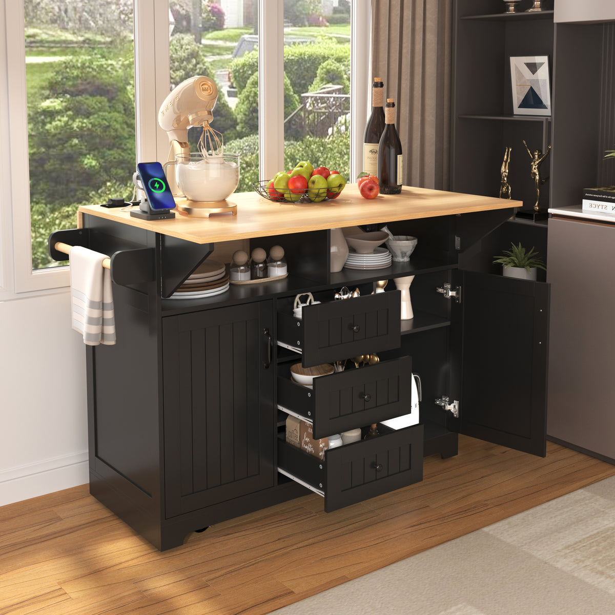Anthony & Home Signature Edition black laminate kitchen island cart with storage and wheels, ideal for modern kitchen organization.