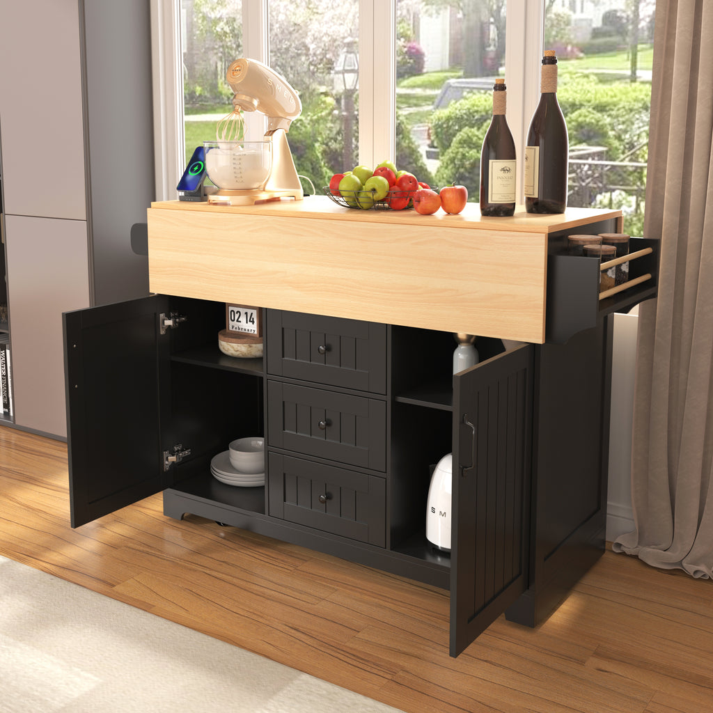 Black laminate kitchen island cart by Anthony & Home with storage shelves and a spacious countertop for cooking and prep.