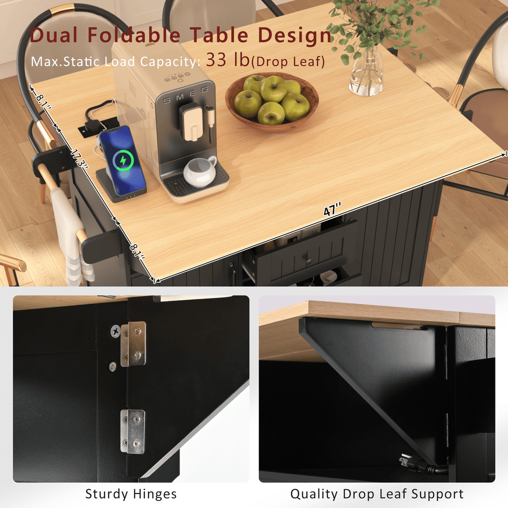 Black laminate kitchen island cart from Anthony & Home, featuring a sturdy surface and storage shelves for kitchen organization.