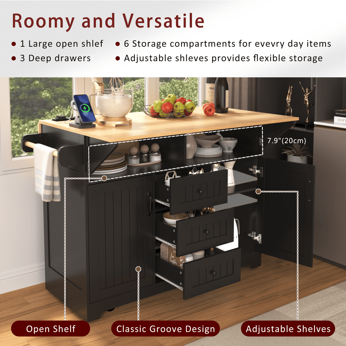 Anthony & Home Signature Edition black laminate kitchen island cart with storage shelves and wheels, modern kitchen furniture.
